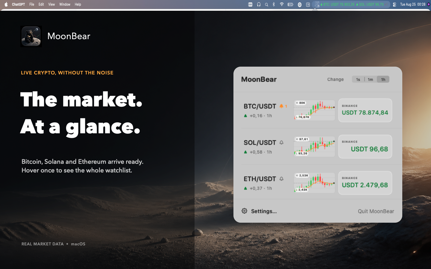 MoonBear showing crypto prices in the macOS menu bar and hover panel