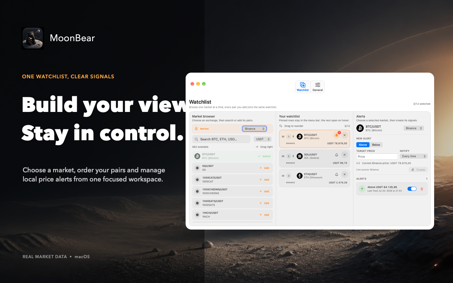 MoonBear watchlist settings with markets, selected pairs and alert studio